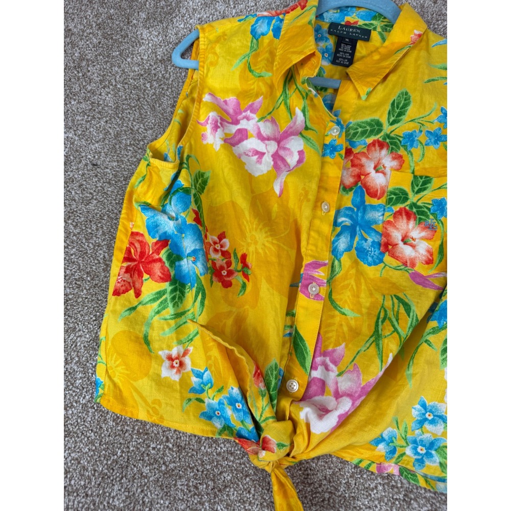 Lauren Ralph Lauren Yellow Linen Tropical Floral Tie Front Sleeveless Top XL - Picture 10 of 11